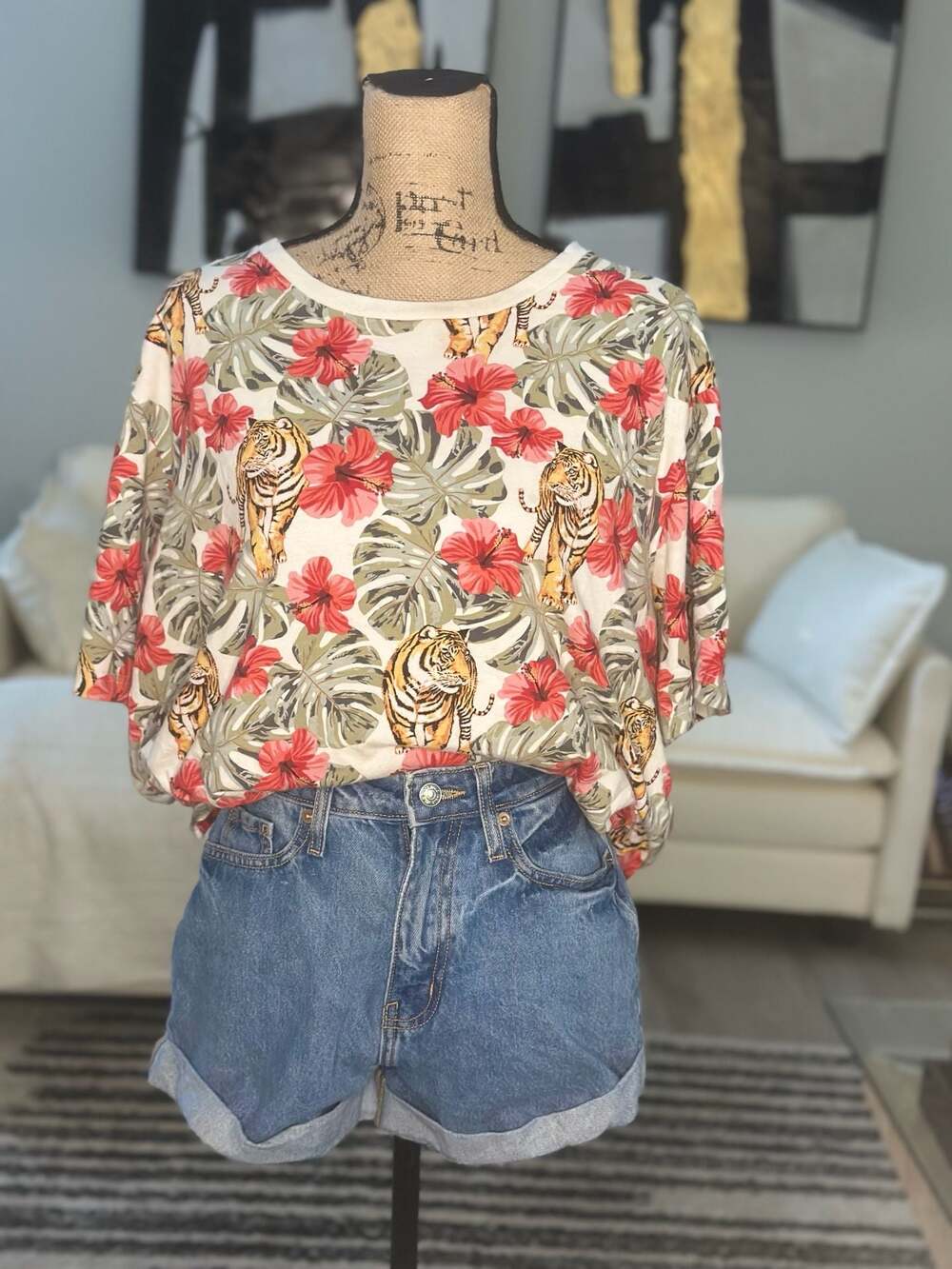 No Boundaries Tiger Hibiscus Tropical Print T-Shirt Size XL/XG